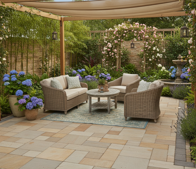 Lush garden with neatly trimmed hedges, seating area, and colourful flower beds.