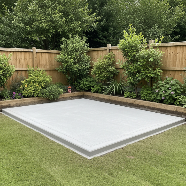Shed Base Construction Concrete base surrounded by greenery and wooden fencing in a garden.