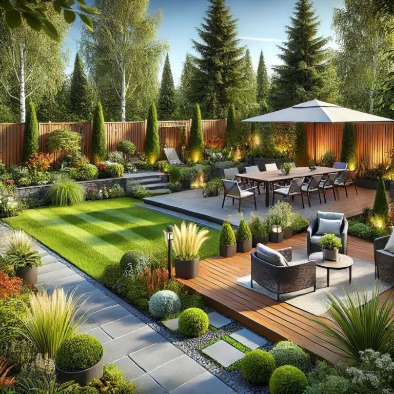 Lush garden with patio seating, dining area, and neatly trimmed hedges and grass.