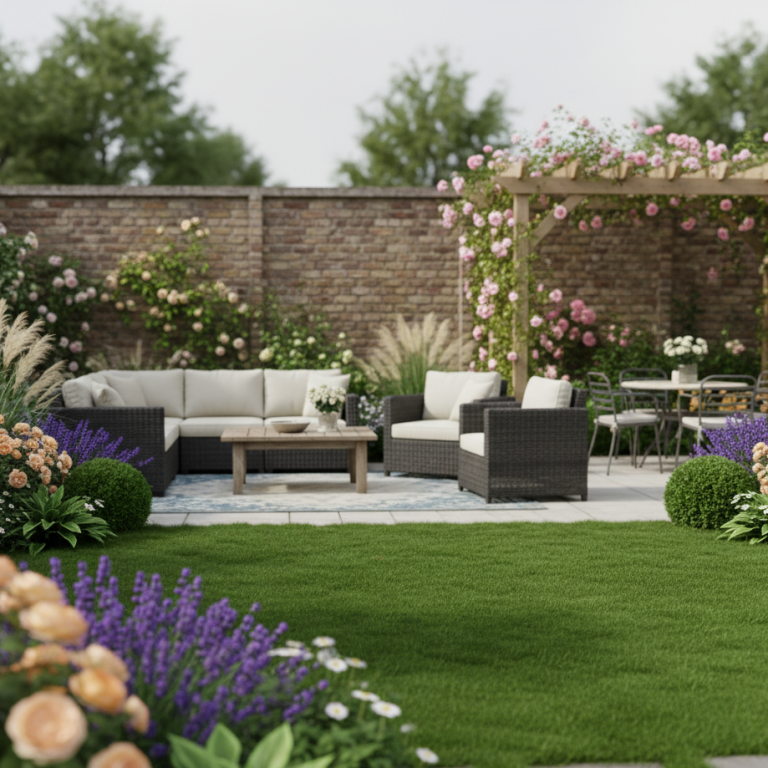 A beautifully arranged garden patio with seating, flowers, and greenery.