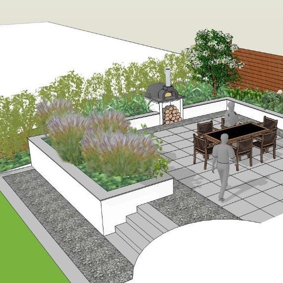 Garden design featuring a dining area, oven, and landscaped plants.