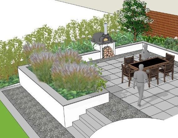 Garden layout featuring a dining area, barbecue, and flowering plants.