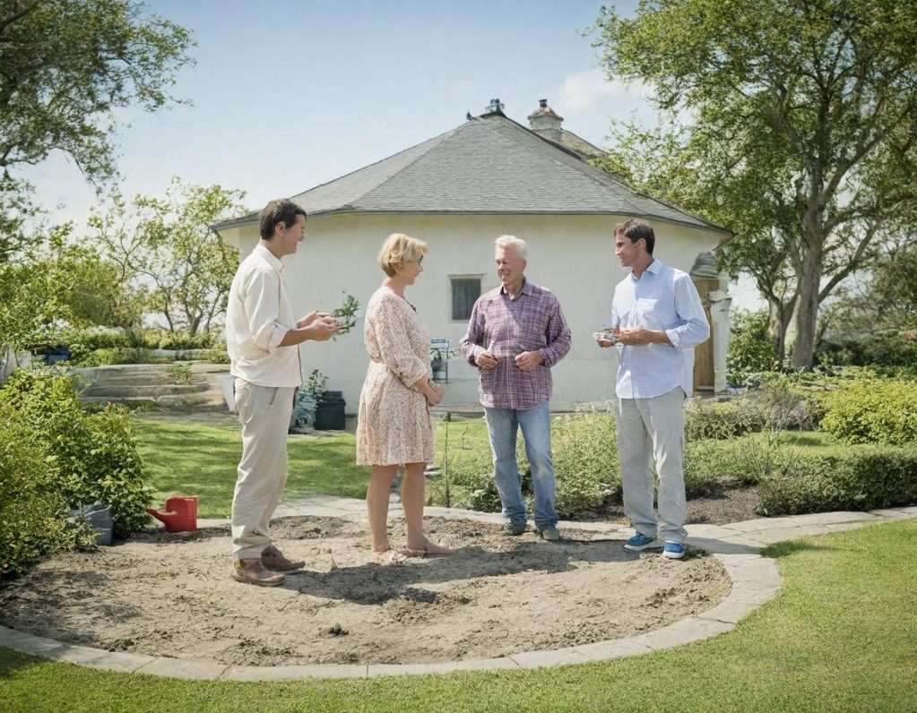Tailor-Made Gardens Four people discussing a garden area near a house.