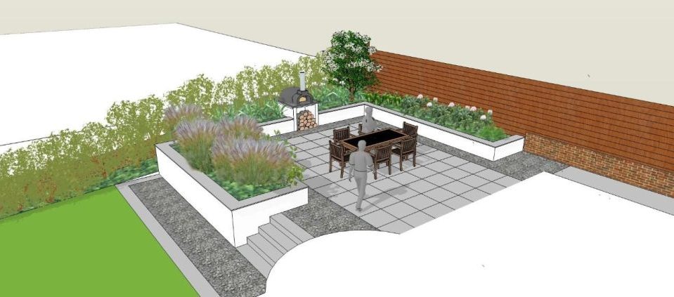 A garden design featuring raised plant beds, pathways, and decorative elements.