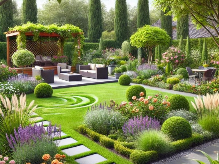 A beautifully landscaped garden featuring neatly trimmed hedges, vibrant flowers, and seating areas.
