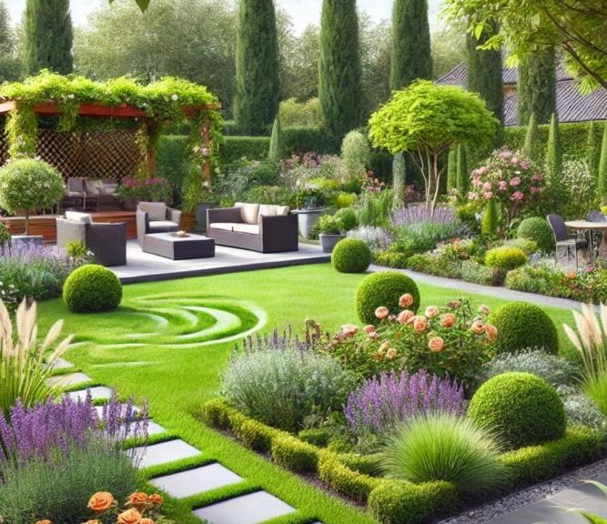 Lush garden with neatly trimmed hedges, seating area, and colourful flower beds.