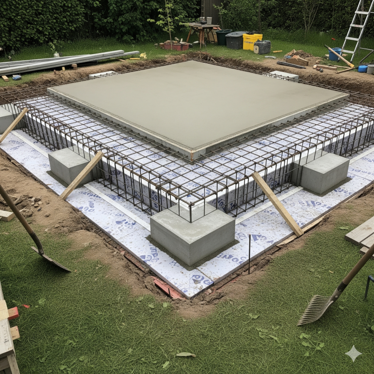 Concrete foundation Concrete foundation being prepared with rebar and supporting blocks at a construction site.