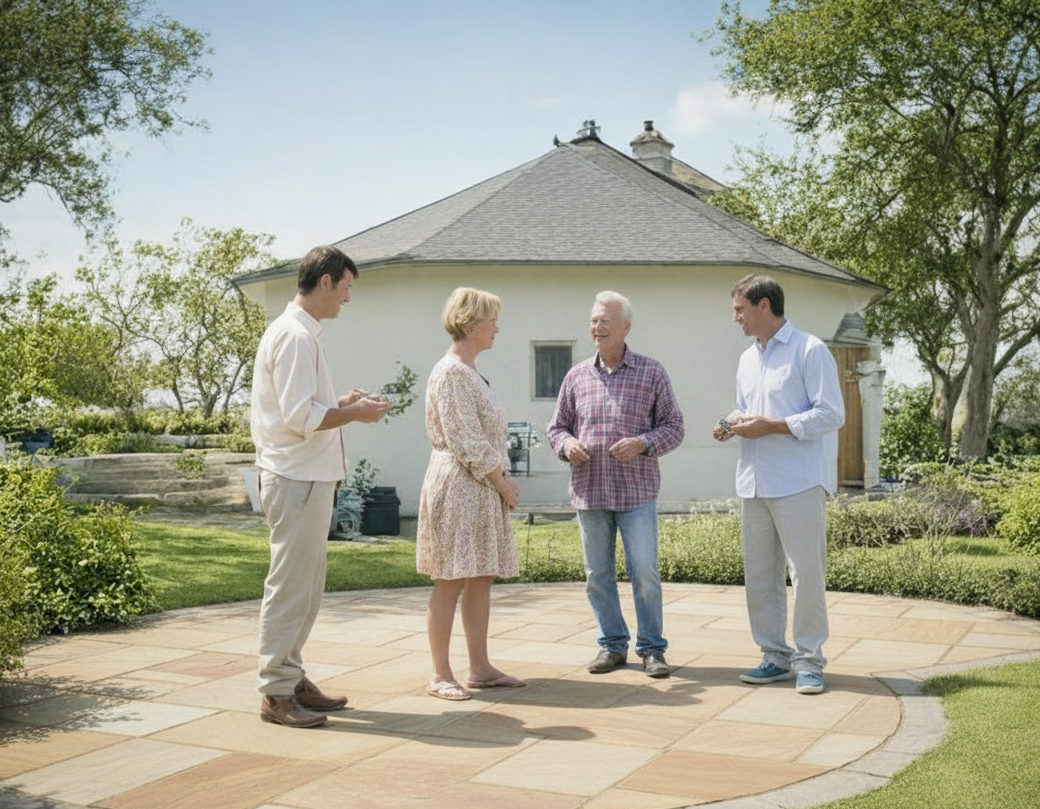 Four people discussing a garden area near a house.