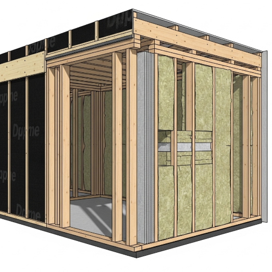 Grade A construction 3D model of a partially constructed building showing wooden framing and insulation.